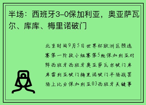 半场：西班牙3-0保加利亚，奥亚萨瓦尔、库库、梅里诺破门